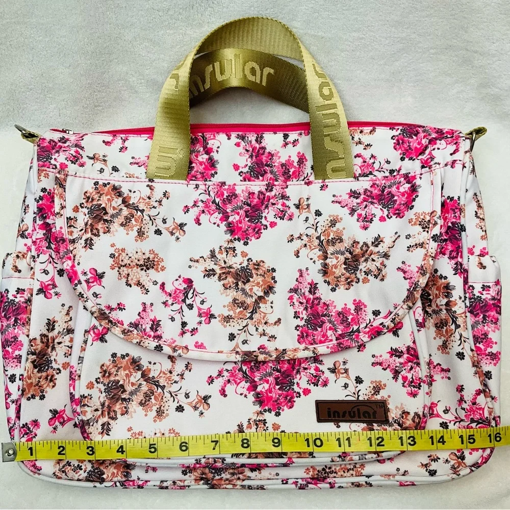 INSOLAR 15”x13” Floral Pink Baby Infant Insulated Diaper Bag - 4 Piece Set